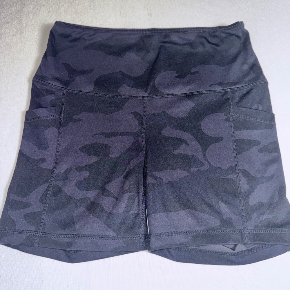 Yogalicious Lux Camo Biker Shorts Black Charcoal High Waist Pocket Small